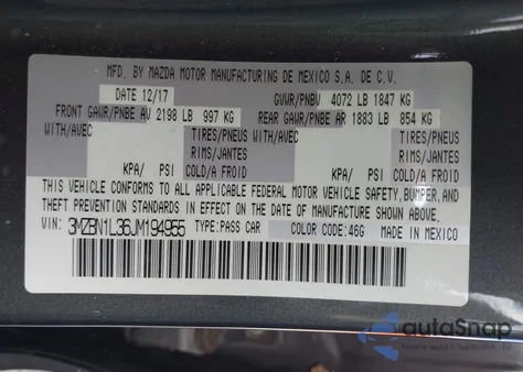 2018 Mazda Mazda3 Touring из США, поврежденный, VIN 3MZBN1L36JM194955